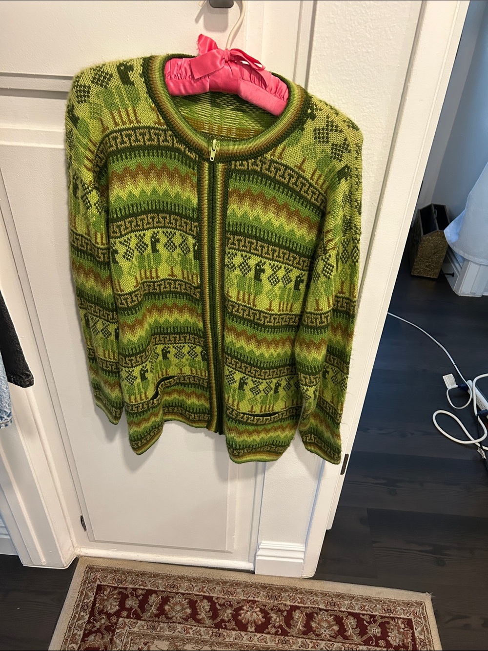 Green Patterned Zip-Front Women's Sweater